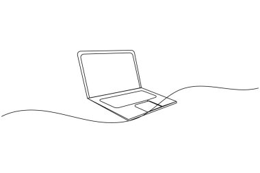 Dizüstü bilgisayar sürekli bir çizgi çizer ve minimalist stil ana hatları izole eder.