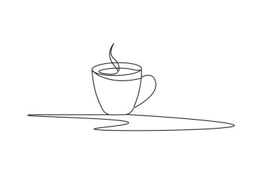 Kahve fincanı bir çizgi çizimi ve ağaç minimalist stili dış hatları izole eder.