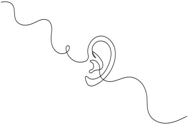 İnsan kulağı sürekli bir çizgi çizimi ve minimalist stil dış hat vektör simgesini izole eder