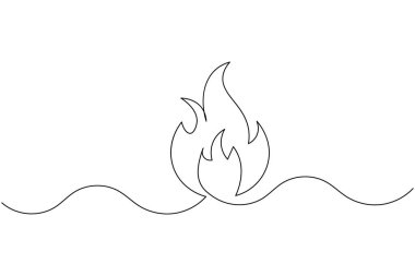 Ateş kesintisiz bir çizgi çizimi ve minimalist biçim dış hat vektör simgesini izole eder