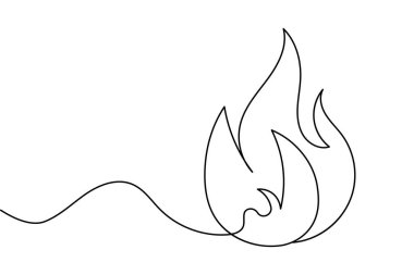 Ateş kesintisiz bir çizgi çizimi ve minimalist biçim dış hat vektör simgesini izole eder