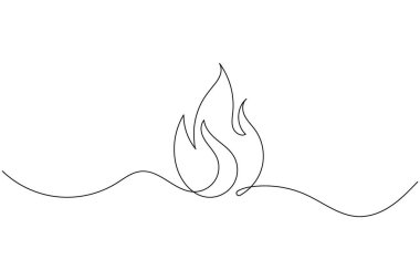 Ateş kesintisiz bir çizgi çizimi ve minimalist biçim dış hat vektör simgesini izole eder