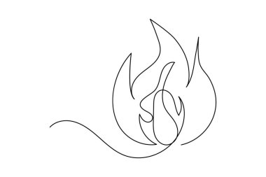 Ateş kesintisiz bir çizgi çizimi ve minimalist biçim dış hat vektör simgesini izole eder