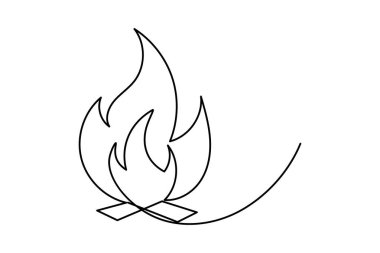 Ateş kesintisiz bir çizgi çizimi ve minimalist biçim dış hat vektör simgesini izole eder