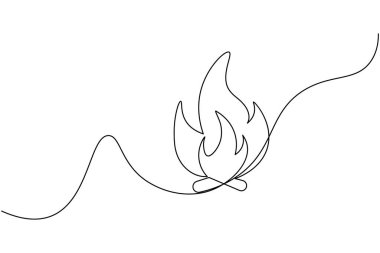 Ateş kesintisiz bir çizgi çizimi ve minimalist biçim dış hat vektör simgesini izole eder