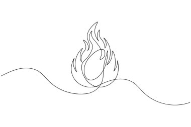 Ateş kesintisiz bir çizgi çizimi ve minimalist biçim dış hat vektör simgesini izole eder