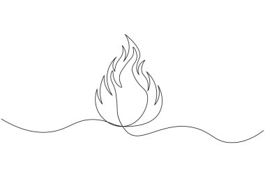 Ateş kesintisiz bir çizgi çizimi ve minimalist biçim dış hat vektör simgesini izole eder