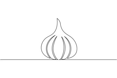 Sarımsak aralıksız tek çizgi çizimi ve minimalist stil dış hat vektör simgesini izole eder
