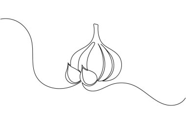 Sarımsak aralıksız tek çizgi çizimi ve minimalist stil dış hat vektör simgesini izole eder