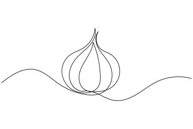 Sarımsak aralıksız tek çizgi çizimi ve minimalist stil dış hat vektör simgesini izole eder