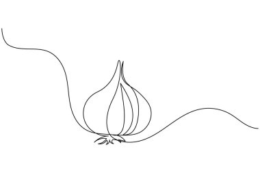 Sarımsak aralıksız tek çizgi çizimi ve minimalist stil dış hat vektör simgesini izole eder