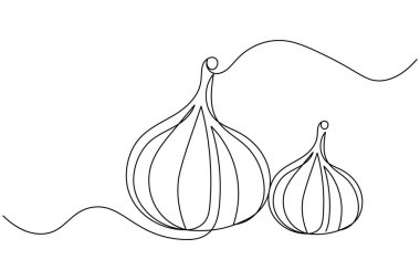 Sarımsak aralıksız tek çizgi çizimi ve minimalist stil dış hat vektör simgesini izole eder