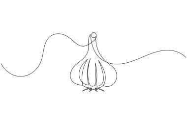 Sarımsak aralıksız tek çizgi çizimi ve minimalist stil dış hat vektör simgesini izole eder