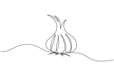 Sarımsak aralıksız tek çizgi çizimi ve minimalist stil dış hat vektör simgesini izole eder