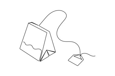 Çay poşeti sürekli bir çizgi çizimi ve minimalist stil ana hat vektör simgesini izole et