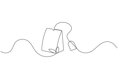 Çay poşeti sürekli bir çizgi çizimi ve minimalist stil ana hat vektör simgesini izole et