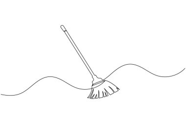 Modern taslak taslağında basit bir çizgi süpürge vektör illüstrasyonu basit asgari temizlik aracı simgesi