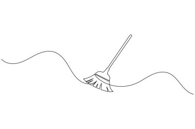 Modern taslak taslağında basit bir çizgi süpürge vektör illüstrasyonu basit asgari temizlik aracı simgesi