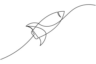 Roket fırlatma simgesi beyaz arkaplanda izole edilmiş minimalist bir çizgi biçiminde