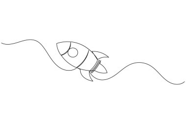 Roket fırlatma simgesi beyaz arkaplanda izole edilmiş minimalist bir çizgi biçiminde