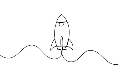 Roket fırlatma simgesi beyaz arkaplanda izole edilmiş minimalist bir çizgi biçiminde