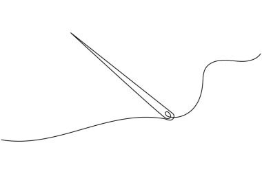 Tek çizgi çizim tarzında iplikli iğne. Minimalist dikiş simgesi beyaz arkaplanda izole