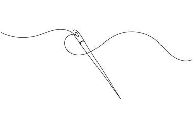 Tek çizgi çizim tarzında iplikli iğne. Minimalist dikiş simgesi beyaz arkaplanda izole