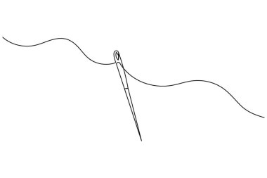 Tek çizgi çizim tarzında iplikli iğne. Minimalist dikiş simgesi beyaz arkaplanda izole