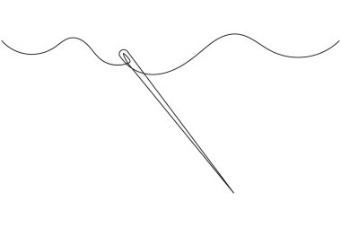 Tek çizgi çizim tarzında iplikli iğne. Minimalist dikiş simgesi beyaz arkaplanda izole