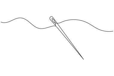 Tek çizgi çizim tarzında iplikli iğne. Minimalist dikiş simgesi beyaz arkaplanda izole