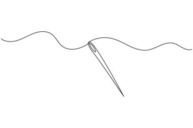 Tek çizgi çizim tarzında iplikli iğne. Minimalist dikiş simgesi beyaz arkaplanda izole