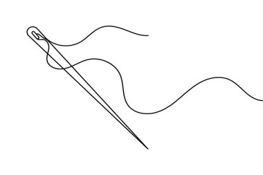 Tek çizgi çizim tarzında iplikli iğne. Minimalist dikiş simgesi beyaz arkaplanda izole