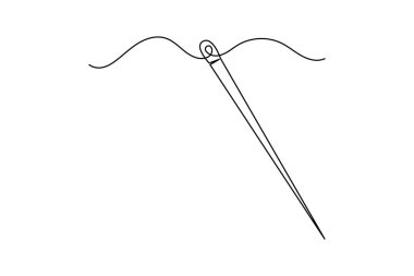 Tek çizgi çizim tarzında iplikli iğne. Minimalist dikiş simgesi beyaz arkaplanda izole