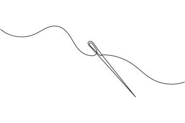 Tek çizgi çizim tarzında iplikli iğne. Minimalist dikiş simgesi beyaz arkaplanda izole