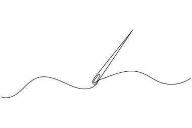 Tek çizgi çizim tarzında iplikli iğne. Minimalist dikiş simgesi beyaz arkaplanda izole