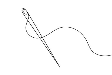 Tek çizgi çizim tarzında iplikli iğne. Minimalist dikiş simgesi beyaz arkaplanda izole