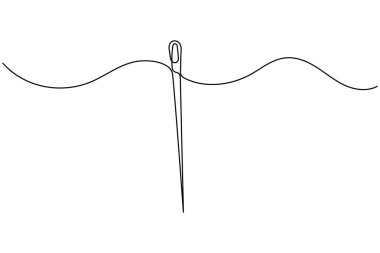 Tek çizgi çizim tarzında iplikli iğne. Minimalist dikiş simgesi beyaz arkaplanda izole