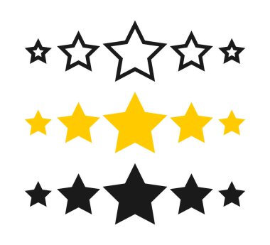 Yıldız koleksiyonu. Beş Yıldız vektör simgesi. Değerlendirme konsepti. Basit düz çizgi dizaynlı yıldız. Vektör illüstrasyonu