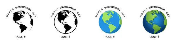 Weltumwelttag Juni Earth Globe Verschiedenen Designs Weltkarte Kreis Earth Globes — Stockvektor