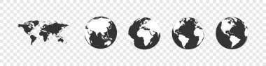 Dünya küresi koleksiyonu. Haritalı kara toprak küre seti. Düz tasarımlı dünya haritası simgeleri. Dünya küresi modern, basit tarzda. Web tasarımı için dünya haritaları