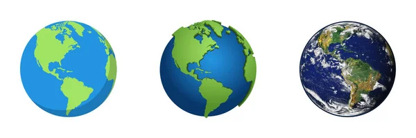 Erdkugel Earth Globe Verschiedenen Designs Flache Dreidimensionale Und Realistische Designs — Stockvektor