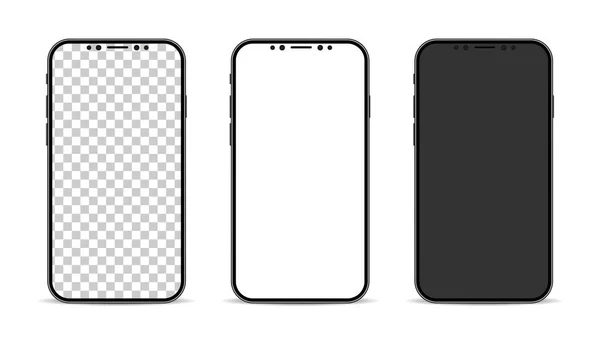 携帯電話のモックアップ 電話現実的なデザイン スマートフォン画面白黒と透明 ベクターイラスト — ストックベクタ