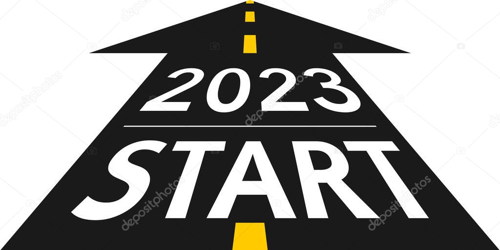 2023 start concept. 2023 start New Year, on the road in the form of an arrow in flat design. Vector illustration