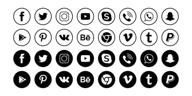 Vinnytsia, Ukrayna - 17 Mayıs 2023. Facebook, Instagram, Twitter, Tik-Tok, Snapchat, Youtube, Whatsap, Behance, Linkedin ve Pinterest logoları. Sosyal medya logoti koleksiyonu. Vektör editörü