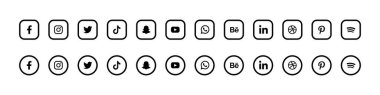 VINNYTSIA, UKRAINE - 31 Mayıs 2023. Sosyal medya logoti koleksiyonu. Facebook, Instagram, Twitter, Tik-Tok, Snapchat, Youtube, Whatsap, Behance, Linkedin ve Pinterest logoları