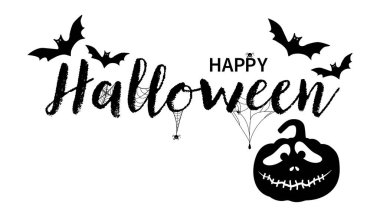 Cadılar Bayramı. Mutlu Cadılar Bayramı afişleri. Örümceklerle Mutlu Cadılar Bayramı mesajı at, mutlu balkabağı ve yarasalar. Vektör illüstrasyonu