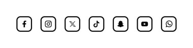 Sosyal medya logoti koleksiyonu: Facebook, Instagram, Twitter, Tik-Tok, Snapchat, Youtube, Whatsapp logoları. VINNYTSIA, UKRAINE - 31 Temmuz 2023
