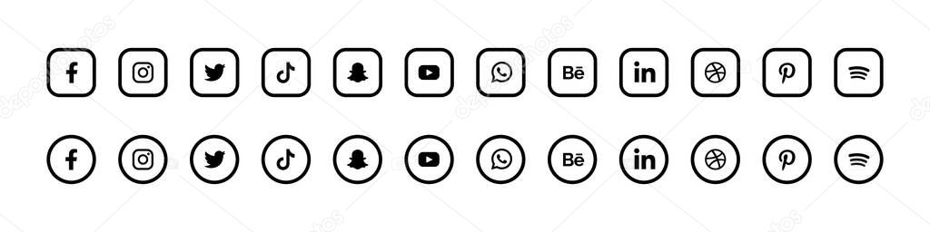 VINNYTSIA, UKRAINE - MAY 31, 2023. Social media logotype collection. Facebook, Instagram, Twitter, Tik-Tok, Snapchat, Youtube, Whatsap, Behance, Linkedin and Pinterest logos
