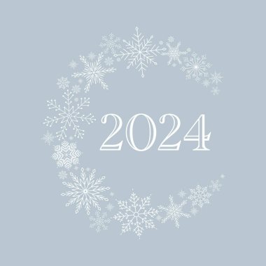 Kar taneleri. Noel çelengi 2024. Snowflakes ile Chaplet. Mutlu Noeller ve mutlu yeni yıl kartpostalları. Xmas tebrik kartı. Tatil partisi davetiyesi. Vektör illüstrasyonu