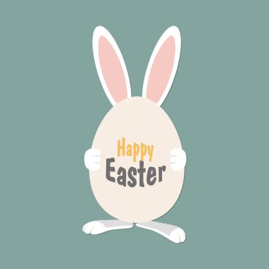 Paskalya Tavşanı. Kulak Tavşanı Vektörü. Yumurtalı ve yazılı Beyaz Paskalya Tavşanı: Mutlu Paskalyalar